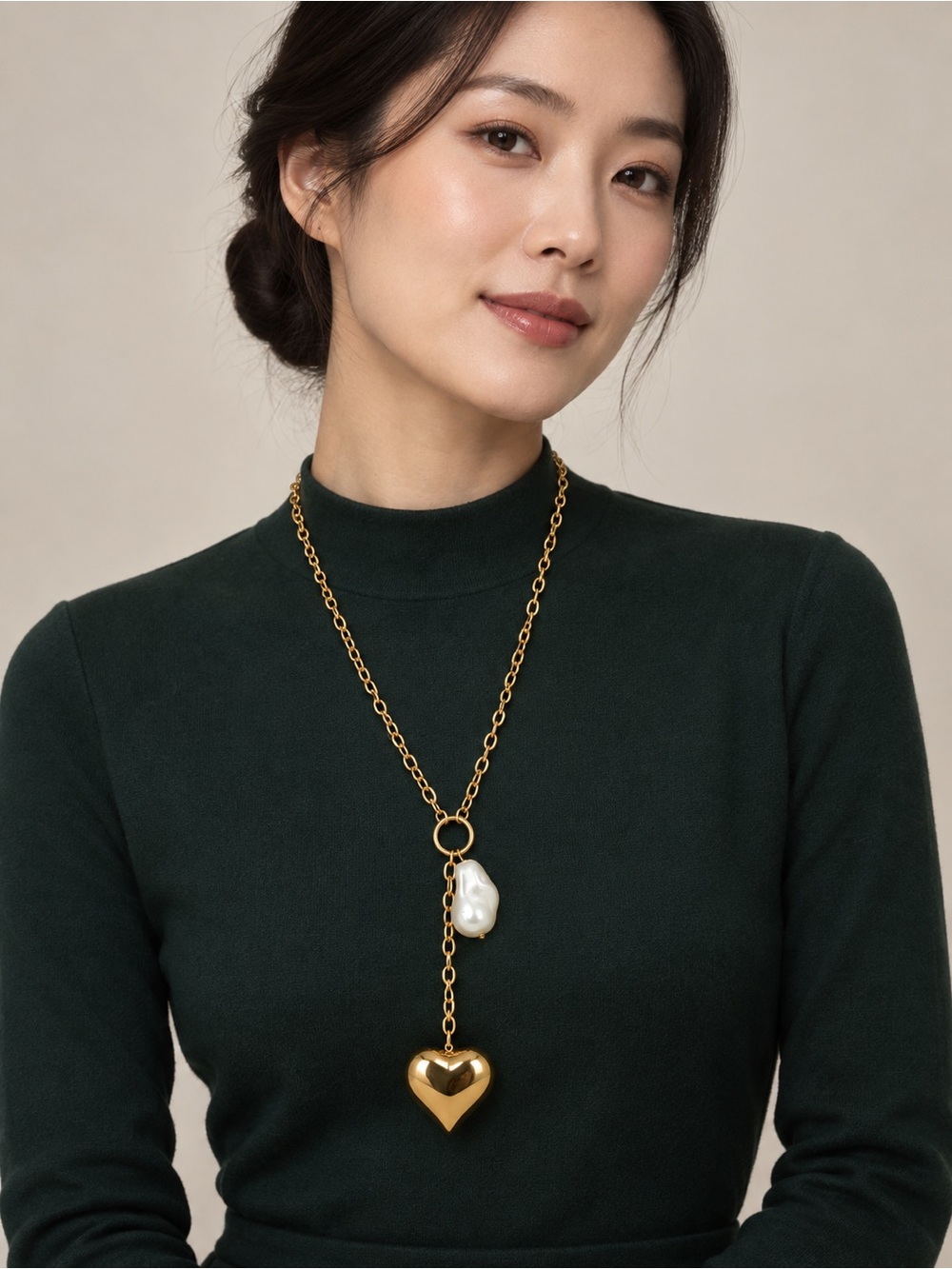 Gold Heart Lariat Necklace with Pearl Drop - Women Jewelry